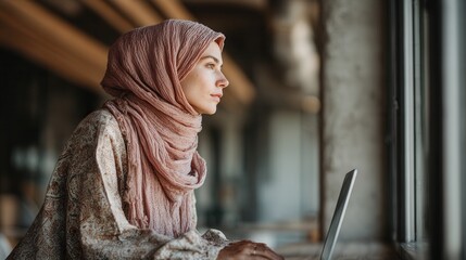 Executive Indian businesswoman in hijab working at desk with laptop