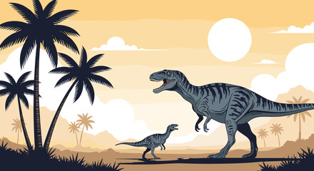A majestic tyrannosaurus rex walks alongside its young offspring across a prehistoric landscape filled with palm trees and exotic plants.
