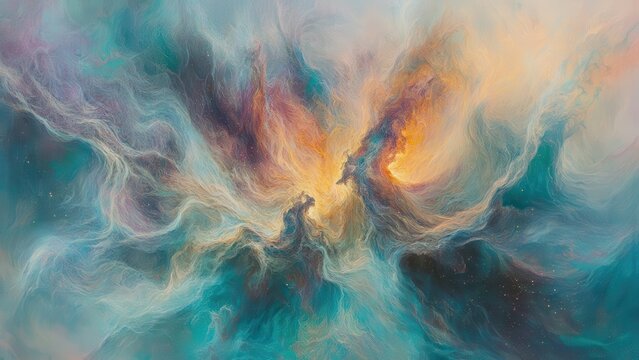 Vibrant nebula swirls ignite with cosmic energy, painting the universe in breathtaking hues of teal, gold, and violet, inspiring wonder and awe.