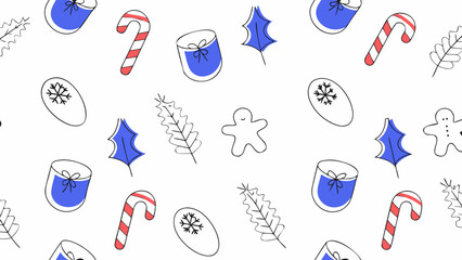 Festive winter holiday pattern featuring candy canes, marshmallows, holly leaves, snowflakes, gingerbread men, and pine branches.