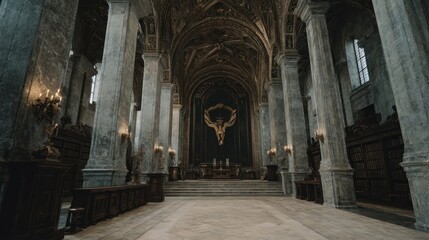 Obraz premium Majestic interior view of old church with architectural grandeur and subtle lighting
