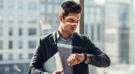 Professional Businessman Checking Time on Smartwatch by Office Window with Laptop