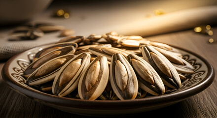 Close-up view of sunflower seeds in a decorative plate on a wooden table, healthy snack
