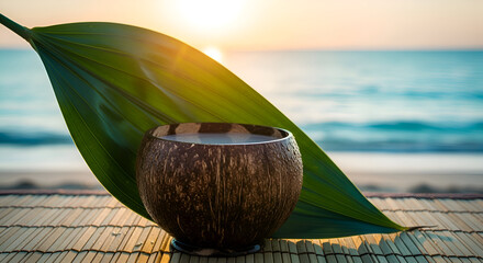 Coconut drink on beach with sunset background represents relaxation and vacation lifestyle