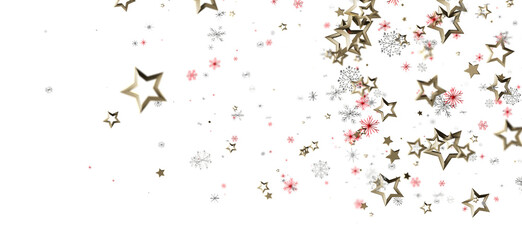 Decorative arrangement of golden stars and winter snowflakes on a white background. Ideal for holiday greeting cards, invitations, and celebrato