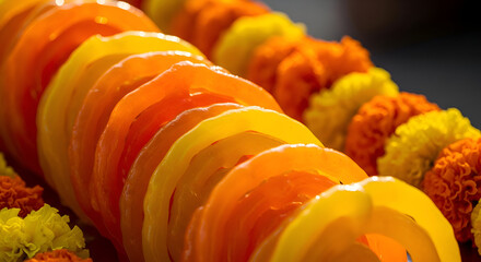 Close-up View of Sliced Vegetables and Flowers in Orange and Yellow Hues