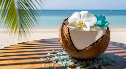 Coconut Cocktail on a Beach with Tropical Flowers in a Paradise Setting