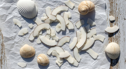 Coconut Flakes Arranged Elegantly With Shells On Rough Textured White Surface