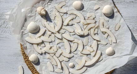 Coconut Flakes Arranged With Seashells On Paper With Light Wood, Natural Look