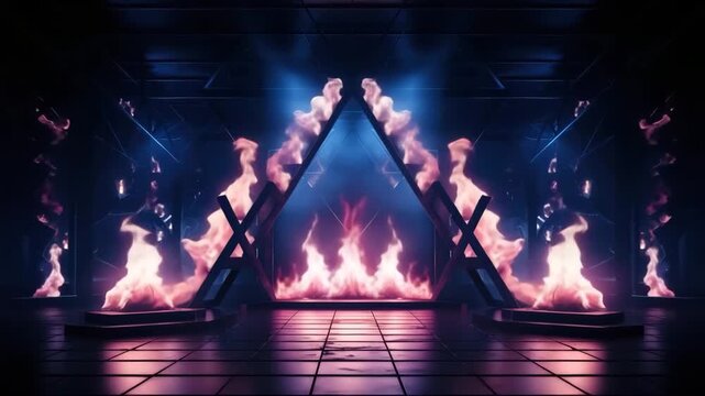 Futuristic Triangle Stage with Burning Fire Effects  
