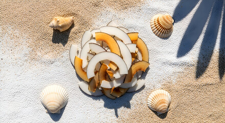 Coconut slices and seashells on sand create a tropical and summery beach scene