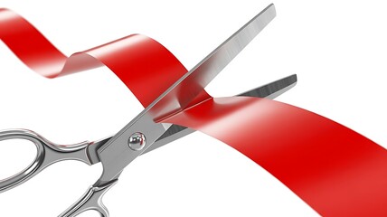 Ribbon cutting ceremony with scissors on white background for business launch or grand opening event