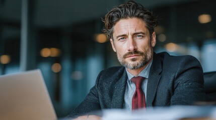 Mature businessman or investor analyzing data on laptop with paperwork at desk