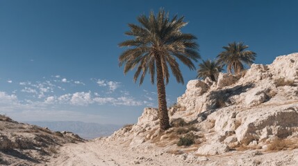 Majestic date palm trees stand amidst the rocky landscape in the arid desert