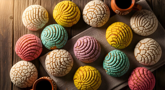 Colorful Conchas: A Delightful Overhead Shot of Mexican Sweet Bread and Rustic Wooden Table
