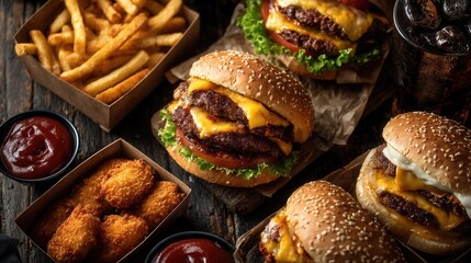 Unhealthy junk food delivery background with cheeseburgers, nuggets, and fries