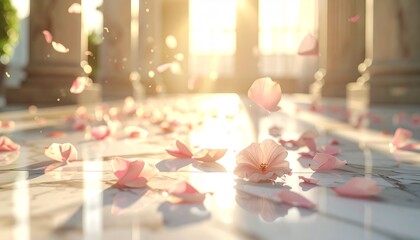 Slow motion petals falling on a marble floor, soft depth of field, natural lighting.
