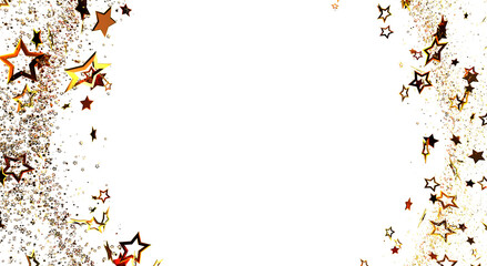 Elegant golden star confetti border on white background with ample space for text, perfect for celebratory designs. Ideal for New Year or Christ