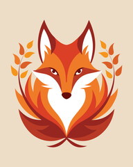 Stylized fox head logo with autumn leaves in orange tones on a beige background
