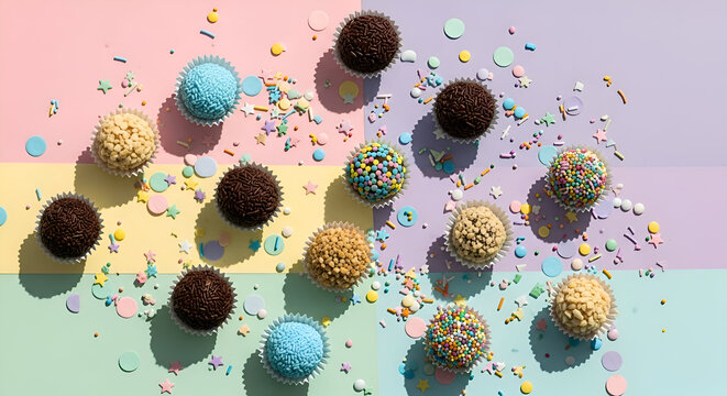 Colorful gourmet brigadeiros with sprinkles on pastel background, overhead view no comma