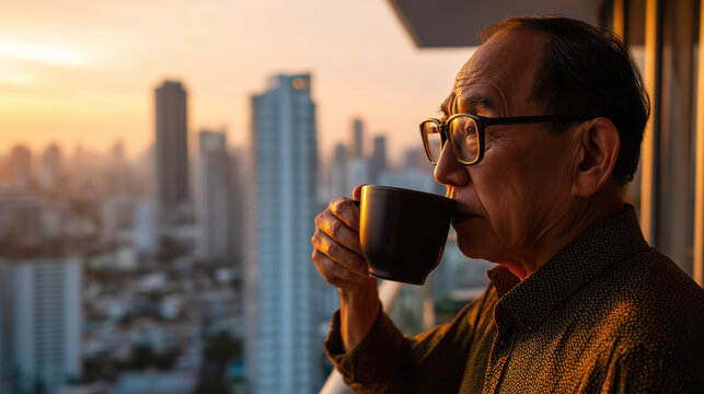 An elderly Asian man savors a warm cup of coffee while seated on his balcony. The vibrant sunrise illuminates the cityscape, creating a peaceful atmosphere