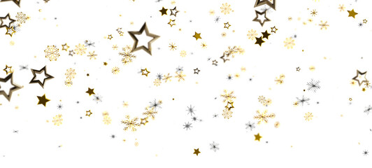 Obraz premium Abstract background featuring falling gold stars and snowflakes on a white backdrop, ideal for holiday designs and winter themes.