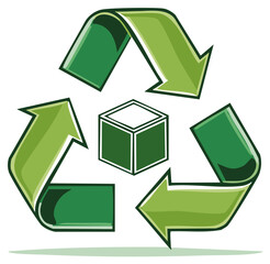Obraz premium Green recycling symbol with enclosed cube for sustainable packaging and materials management