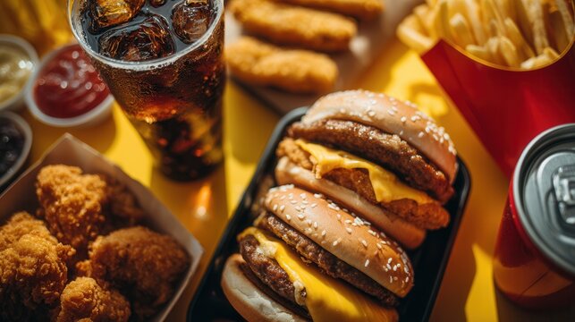 Unhealthy junk food delivery background with cheeseburgers, nuggets, and fries - Powered by Adobe