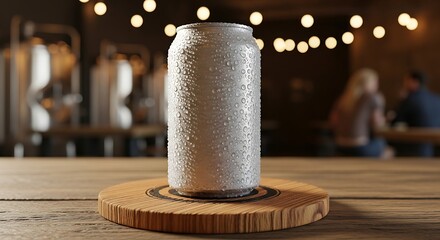 Icy beer can sits on a wooden coaster at a brewery, reflecting the warm light and inviting atmosphere on a relaxing evening.