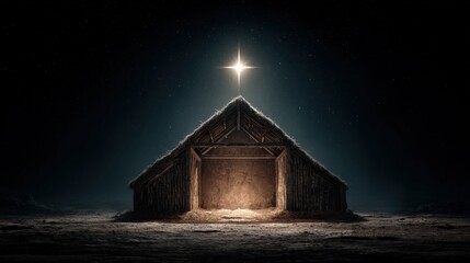 A star shines brightly above a humble stable, evoking a sense of reverence and mystery, set against a dark, atmospheric backdrop.  ..Created with Generative AI, not depicting real subjects.