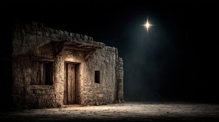 An evocative and cinematic depiction of the Nativity scene, a solitary structure under the radiant glow of the North Star. ..Created with Generative AI, not depicting real subjects.