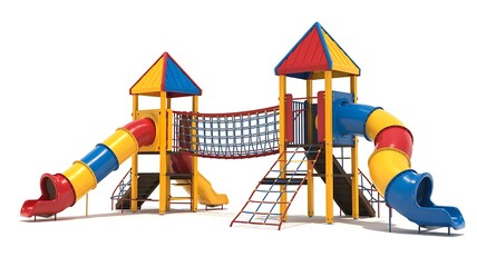 Colorful playground equipment with slides and climbing net for kids outdoor play areas with yellow blue red details