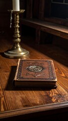 Ornate book on a wood surface with a candle holder by a window