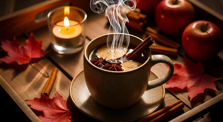 Cozy autumn still life with apple cider, candles, cinnamon, and fall leaves