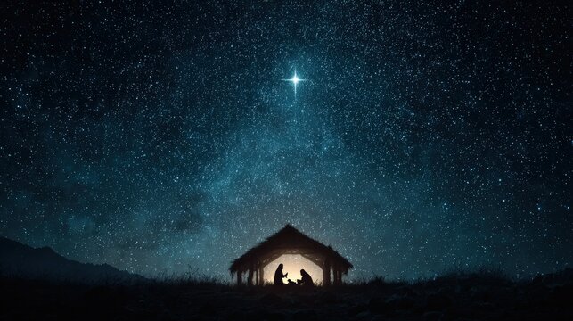 A serene silhouette of the Nativity scene under a starlit night, embodying faith, hope, and the profound essence of the Christmas season. ..Created with Generative AI, not depicting real subjects.