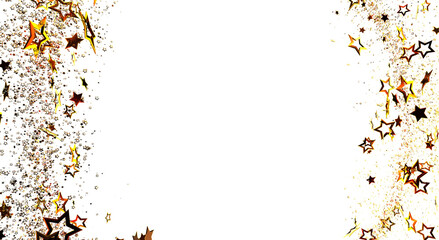 Festive frame created with shiny golden stars on a white background perfect for holiday designs celebration and party elements.
