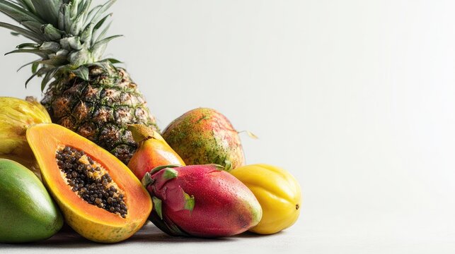 Fresh and Colorful Tropical Fruits Displayed on a Bright Surface for Healthy Eating and Cuisine Inspiration