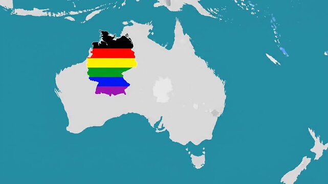 Vibrant German and LGBTQ+ Pride Flags on Germany Map Superimposed Over Australia's Continent