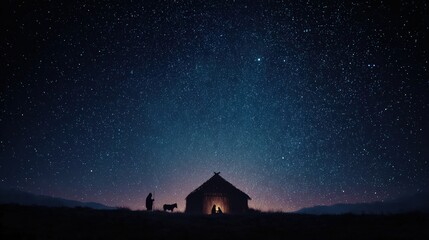 A captivating landscape of a tent under a starry night. The scene evokes a sense of wonder and tranquility. ..Created with Generative AI, not depicting real subjects.