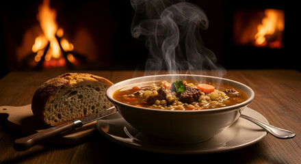 Cozy bowl of hot soup with bread near a fireplace for a winter dinner
