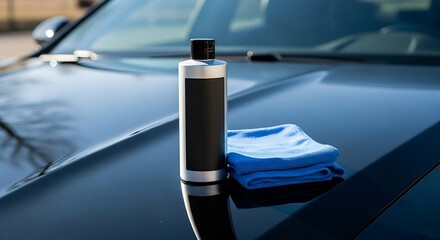 Car detailing product sits on the hood of a black vehicle with a microfiber cloth, ready for cleaning and polishing in the sunlight.