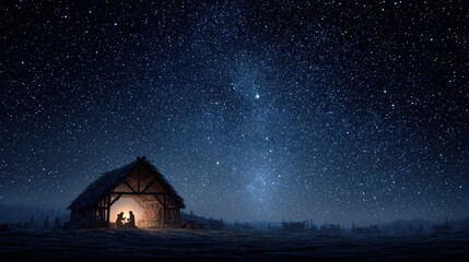 Fototapeta premium A serene, starlit night sky illuminates a rustic barn, setting a peaceful scene with a couple silhouetted. The warm. ..Created with Generative AI, not depicting real subjects.