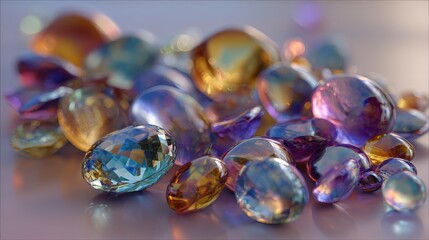 Vibrant Assortment of Faceted Gemstones with Luminous Glow and Soft Bokeh Background.