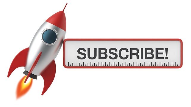 Rocket Launching Next to 'SUBSCRIBE!' Button with Ruler-Style Edge for Call-to-Action
