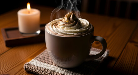 Fototapeta premium Cozy image of hot chocolate with whipped cream and candle on a wooden table