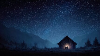 A tranquil scene of a wooden cabin bathed in the ethereal glow of a starlit night, embodying serenity and the allure of solitude. ..Created with Generative AI, not depicting real subjects.