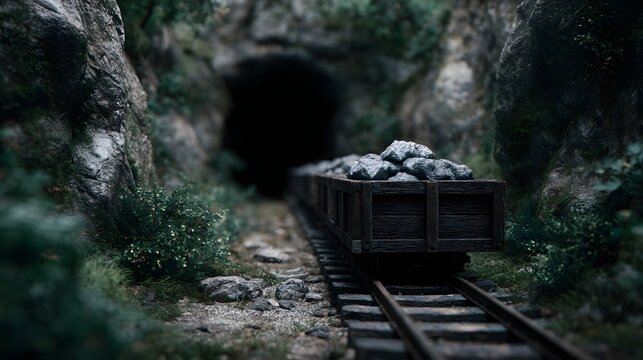 A rustic minecart filled with rocks travels on a railway track towards a dark tunnel entrance in a natural rocky landscape