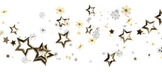 Elegant Christmas or New Year background with floating golden stars and snowflakes, perfect for holiday designs and festive greetings.