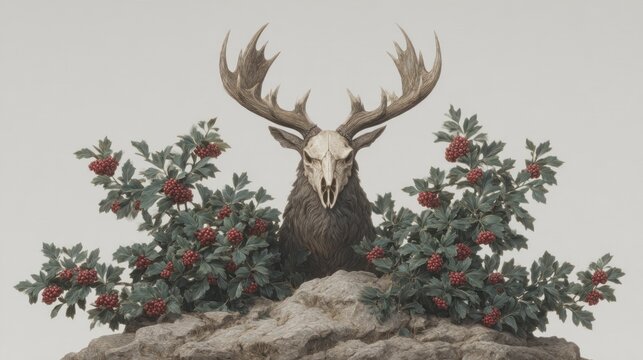 Ethereal Deer Skull Surrounded by Verdant Foliage and Crimson Berries - Powered by Adobe
