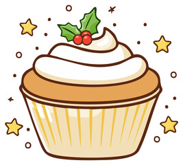 Festive Christmas cupcake with holly and stars decoration